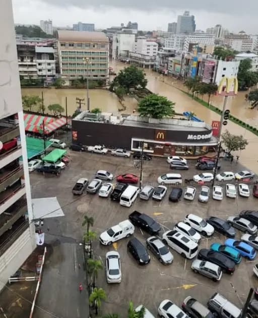 泰国董里府洪水受灾现场,街道已被淹没
