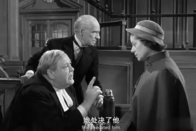 黑白电影《控方证人》法庭辩论场景,展现经典悬疑氛围