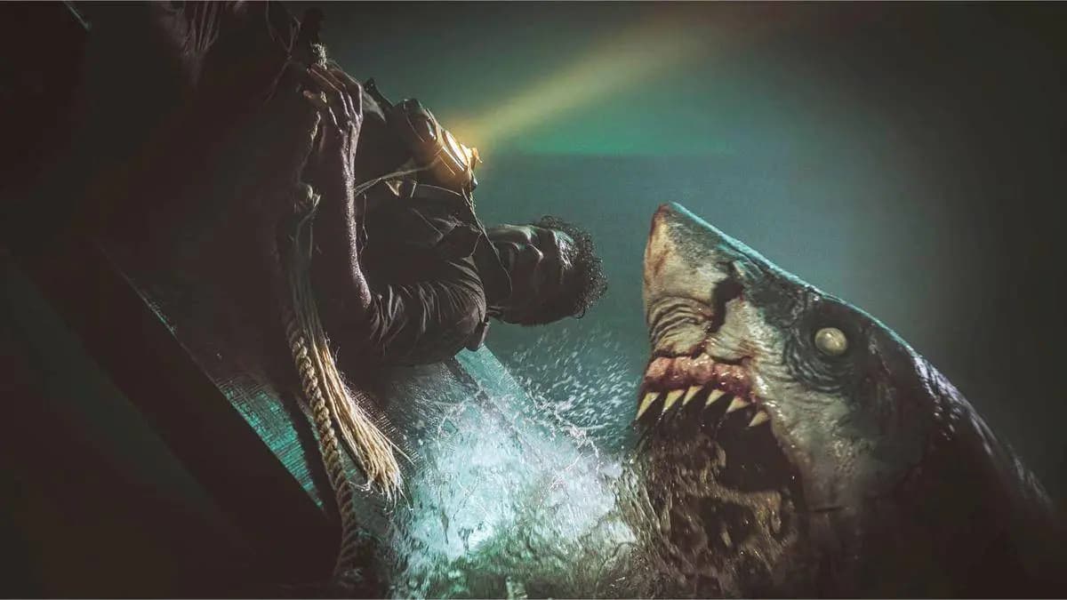 电影战争猛兽海报,士兵在海上遭遇大白鲨