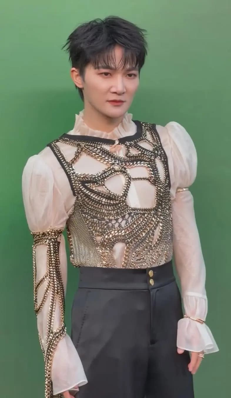 周深半透薄纱加链条的红毯装扮