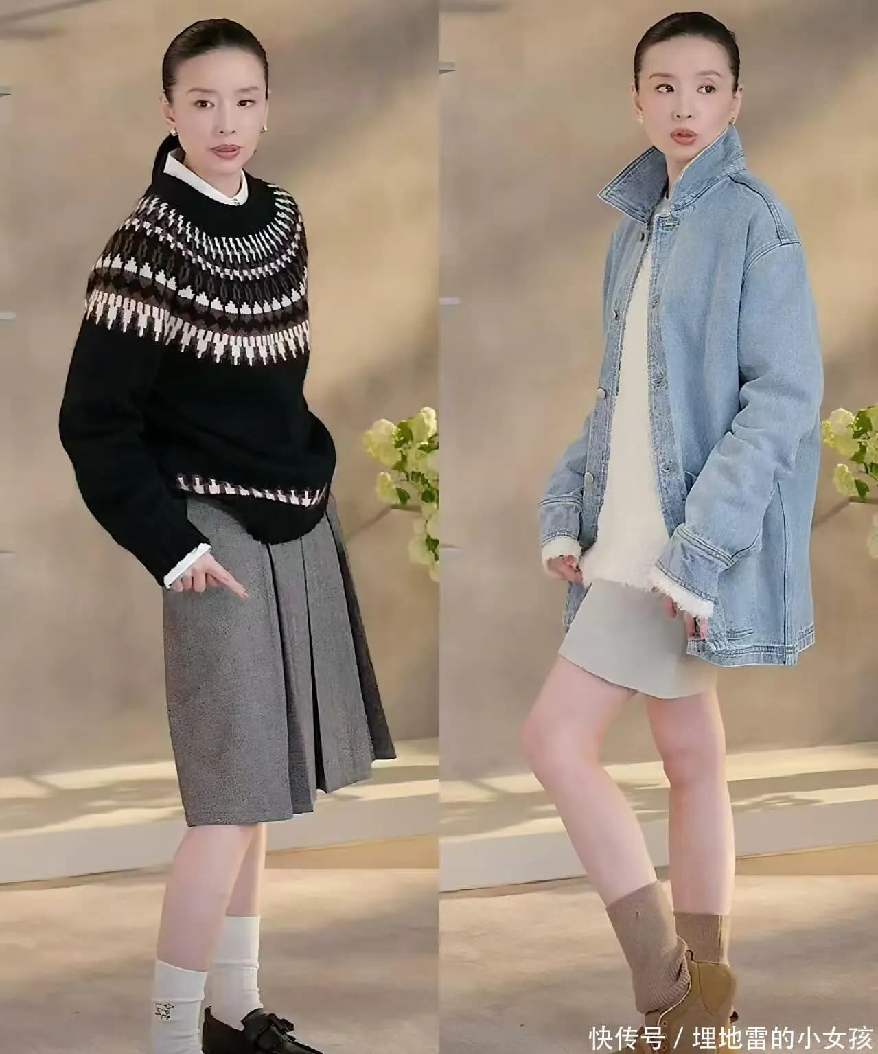 董洁身穿浅咖色轻皮草搭配长筒靴,展示贵妇式保暖